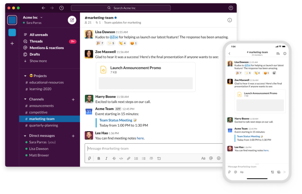 A screenshot of a computer interface showing an open team communication application with various channels and messages.