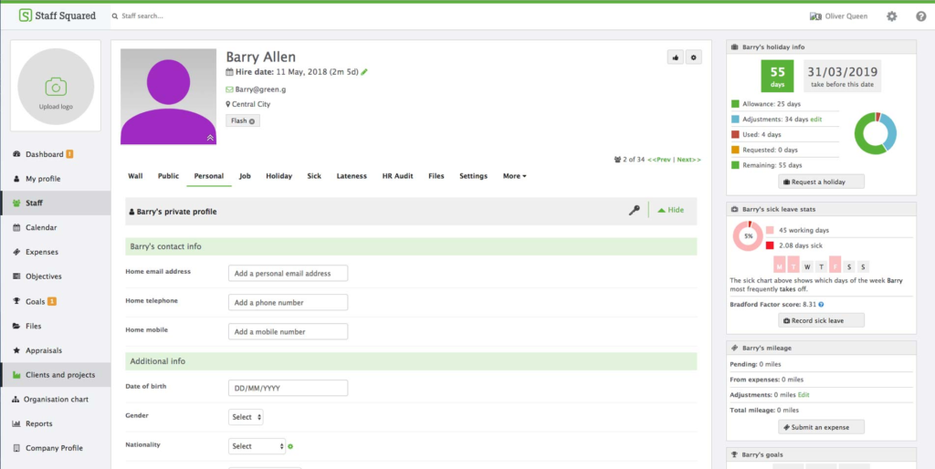 A screenshot of an employee profile interface for a person named "barry allen" within a human resources management software.