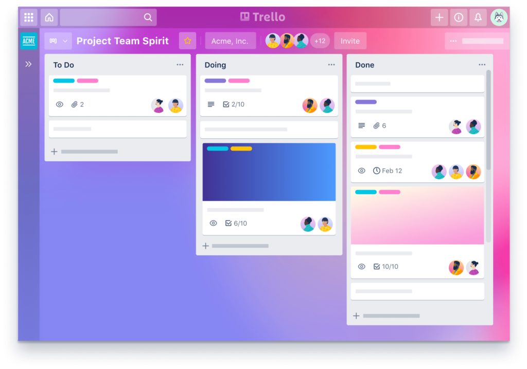 A screenshot of a trello board with columns for task progress: "to do," "doing," and "done.