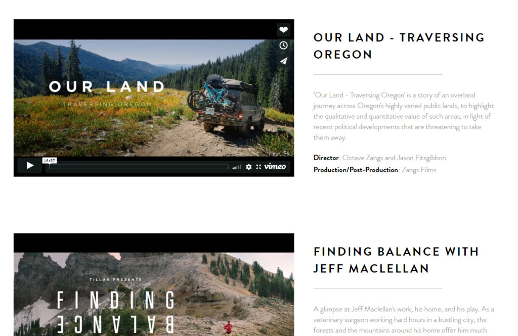 A webpage showcasing outdoor documentaries featuring scenic landscapes and personal storytelling through video portfolios.
