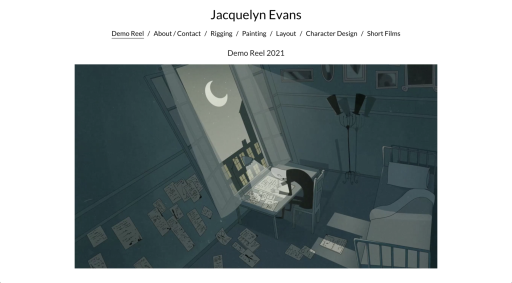 A creative workspace illuminated by moonlight, filled with scattered illustrations and a single desk with drawing tools for crafting video portfolios.