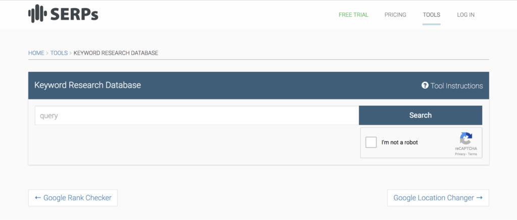 A screenshot of the serps keyword research database webpage with a search box and captcha verification checkbox.