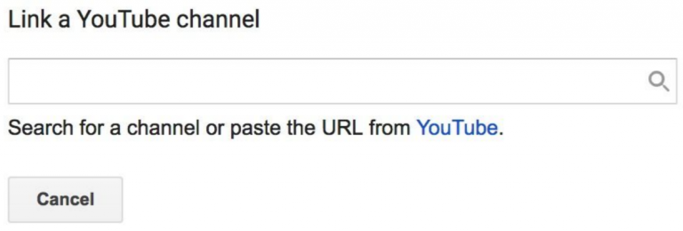 Interface for linking a youtube channel with a search bar and cancel button.