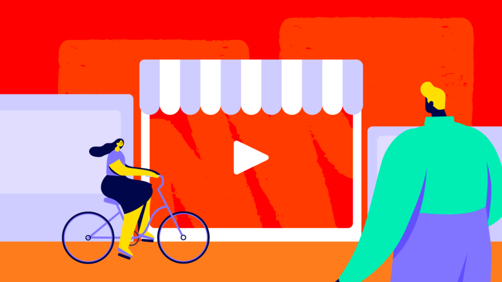 A colorful illustration depicting a person with a bicycle in the foreground and another individual standing in front of a large play button icon, against an abstract, red background.