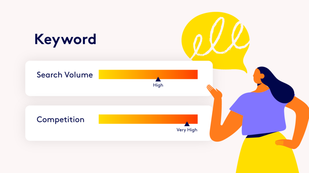 Illustration of a person analyzing keyword search volume and competition metrics for seo.