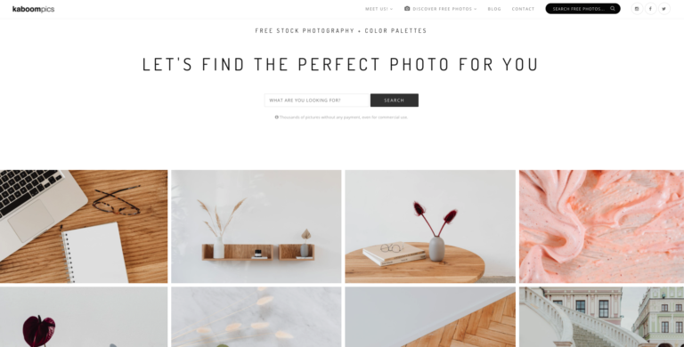 A screenshot of the homepage for kaboompics, one of the best sites for free images, showcasing various sample images and a search bar for finding photos.
