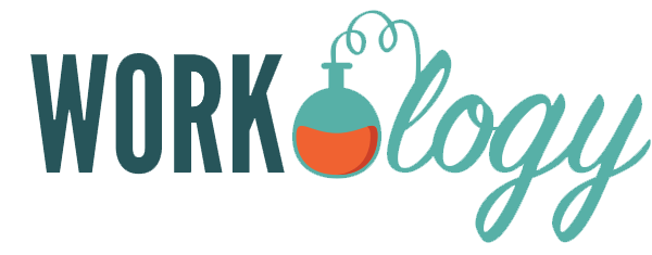 Logo of "workology" featuring a stylized flask with a red liquid at the bottom and bubbles ascending to the top.