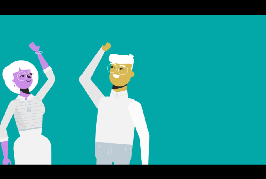 Two animated characters, one waving and the other saluting, on a turquoise background.