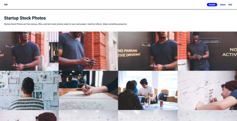 A collage of photos showcasing various individuals in a startup environment, including a man using a smartphone, people working at a desk, and a Biteable video maker meeting in progress.