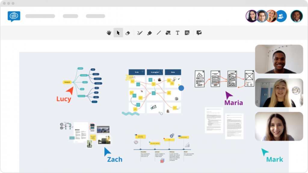 A virtual team collaboration session with participants engaged in a flowchart and project planning exercise.