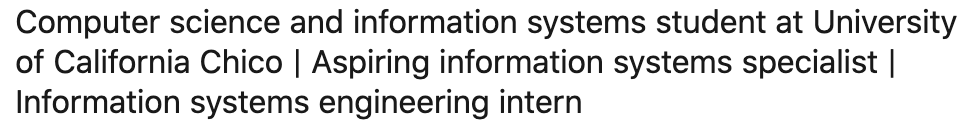 Academic and professional overview of a computer science and information systems student at University of California, Chico, with career aspirations in information systems, showcased on LinkedIn headlines.