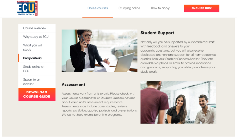 A screenshot of an educational institution's webpage highlighting online courses, with images of a woman studying and two people having a discussion.
