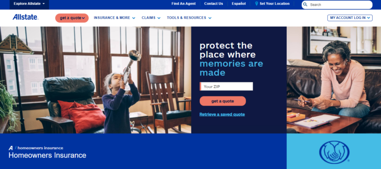 A child plays the trumpet in a living room while an adult woman works on paperwork nearby, on a webpage advertising homeowners insurance.