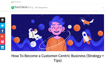 An illustrated banner for a blog article featuring a person surrounded by whimsical space elements, like an astronaut and rockets, symbolizing a customer-centric business strategy.
