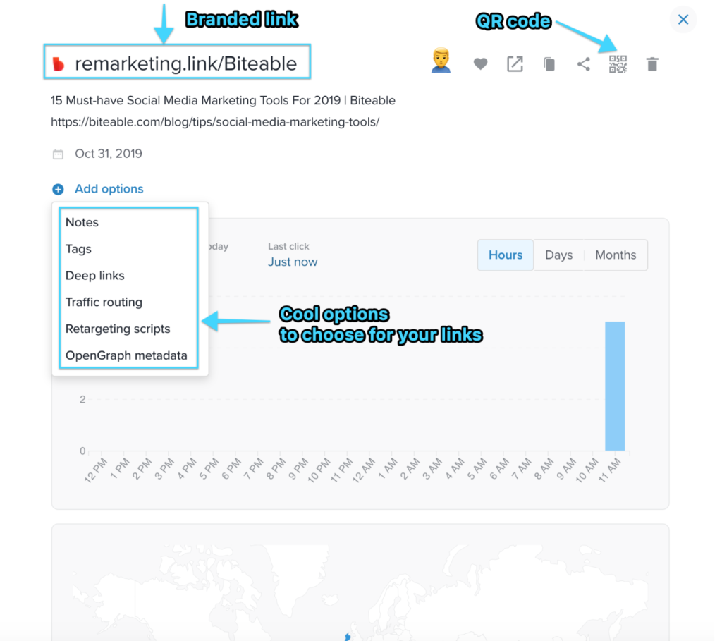 A screenshot of a digital analytics dashboard displaying data for a branded link with options for notes, tags, retargeting scripts, and traffic routing, and a visible qr code tab.