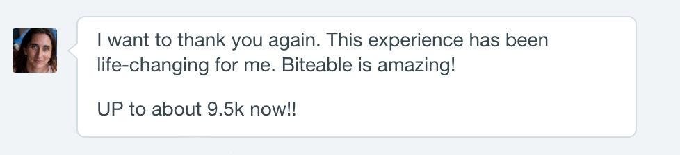 A screenshot of a testimonial message expressing gratitude for a life-changing experience and mentioning an increase to about 9.5k, possibly referring to a metric like followers or earnings.