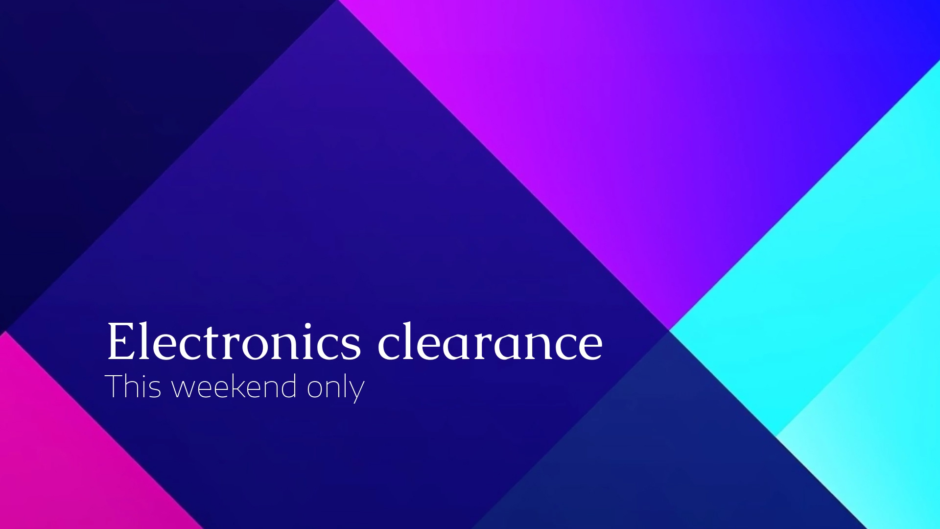 Vibrant geometric background with a Biteable video maker text overlay announcing a limited-time electronics clearance event.