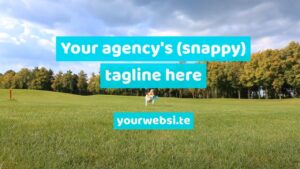 Promotional banner template for an agency with a placeholder tagline and website, set against a backdrop of a dog in a grassy field, created using the Biteable video maker.