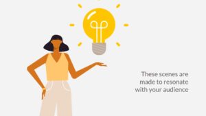 An illustrated female figure presenting a light bulb symbolizing an idea, with text emphasizing audience engagement, created using Biteable video maker.