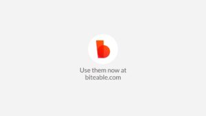 Logo of Biteable video maker featuring a red and white letter 'b' in a modern, stylized design on a light gray background with the text "use them now at biteable.com" below