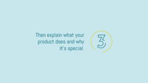 Slide from a Biteable video maker business presentation outlining the prompt to explain a product's unique features and selling points, highlighted by a stylized lightning bolt icon.