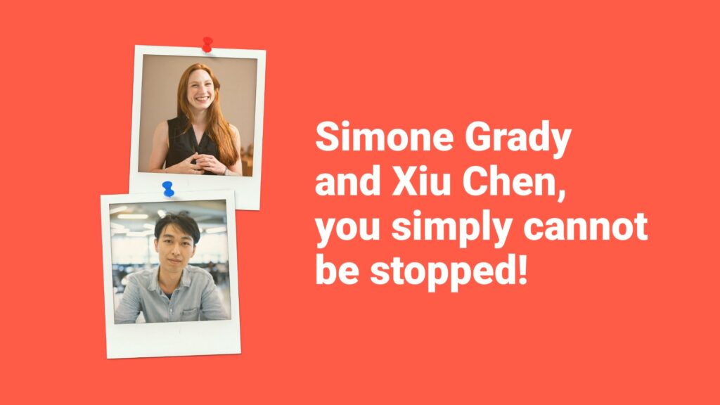 Two Polaroid photos pinned on a board, featuring a smiling woman and man from the Great Job Group, with text celebrating Simone Grady and Xiu Chen's unstoppable nature.
