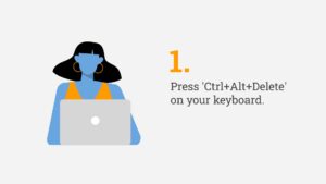 Woman following step one of a computer troubleshooting process by pressing 'ctrl+alt+delete' on her keyboard to create a scene for a Biteable video maker project.