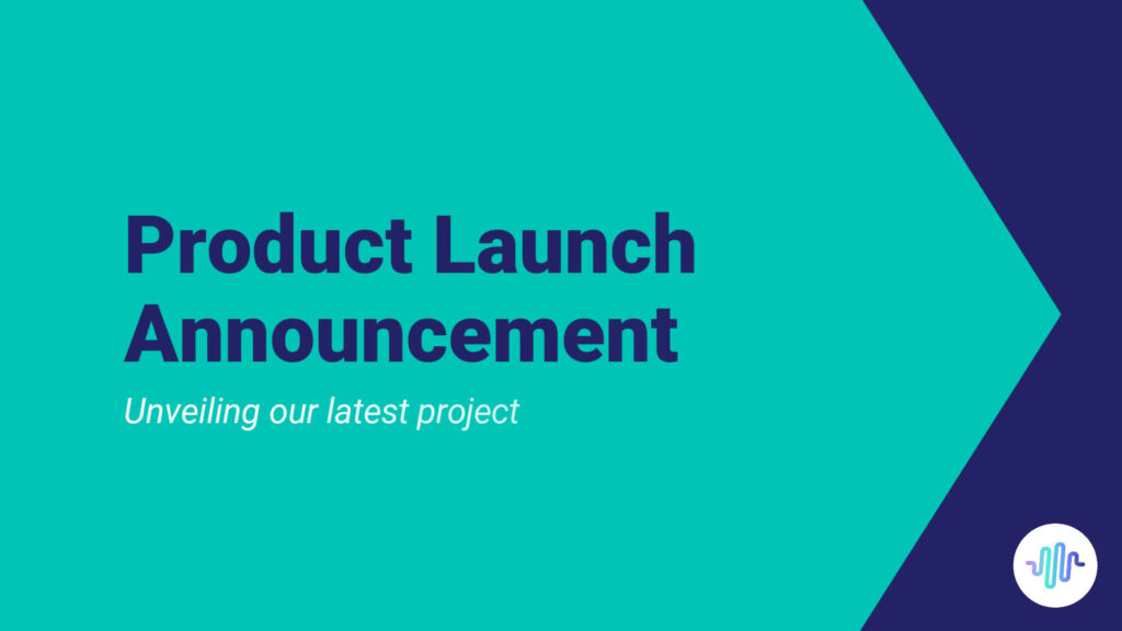 Graphic for a product launch announcement featuring text and a megaphone icon, designed using Biteable video maker, on a blue and teal background.