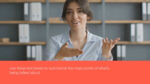 Professional woman in a white shirt presenting with hand gestures in front of a bookshelf, using Biteable video maker.
