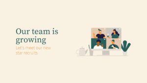 Illustration of a computer screen displaying diverse team members with the text "our team is growing, let's meet our new star recruits." a coffee cup and plant adorn the desk, enhanced by Biteable