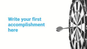 A dart stuck in the center of a dartboard with the text "Biteable video maker - your first accomplishment here" in blue to the left.