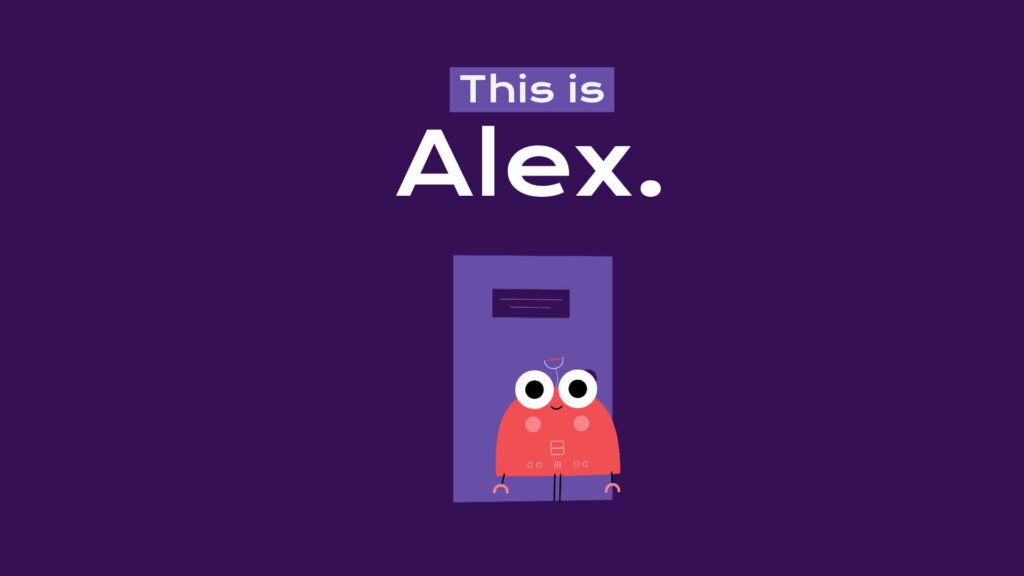 A cartoon character named Alex appears from a doorway on a purple background in a Biteable video maker creation.