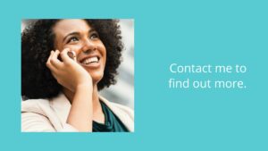 A joyful woman with curly hair talking on a mobile phone next to the text "contact me to find out more" on a blue background, created using Biteable video maker.