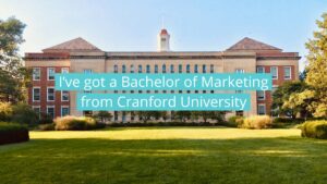 Text overlay on a video resume featuring an image of a traditional brick university building surrounded by a grassy lawn and trees, stating "I've got a bachelor of marketing from Cranford University.