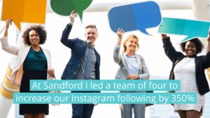 Four diverse professionals holding large speech bubble icons, celebrating a successful video resume campaign.