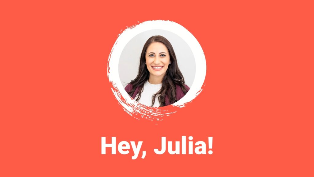 Portrait of a smiling woman in a white circle on a red background with the text "Biteable video maker" below her.