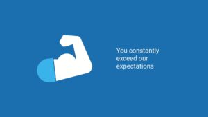 Illustration of a muscular arm flexing with a cloud pattern on the bicep, against a blue background, created using Biteable video maker, accompanied by the text "You constantly exceed our expectations