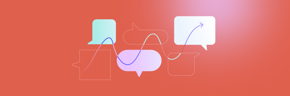 Abstract illustration of interconnected, stylized speech bubbles in various shapes with lines and arrows indicating flow and communication, set against a warm red background. This design is ideal for projects using Biteable video maker.