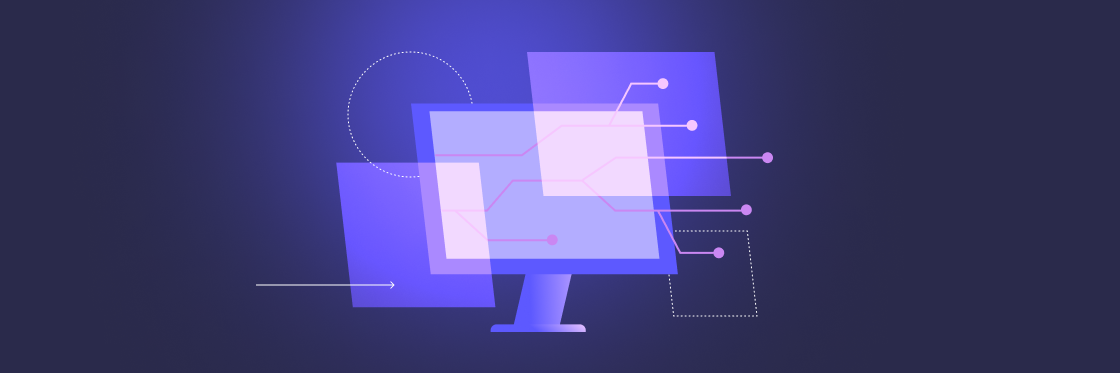 12 AI tools to streamline workplace productivity Abstract illustration of a computer monitor displaying graphical data and connections on a dark purple background, created using Biteable video maker.
