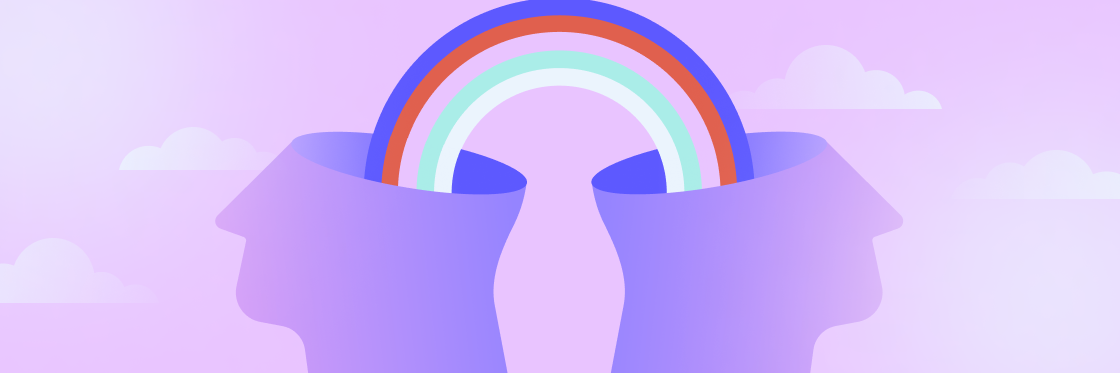 Psychological safety in the workplace-1 Two stylized human silhouettes facing each other, forming a space where a colorful rainbow emerges, featured in a Biteable video set against a pastel pink and purple sky with clouds.