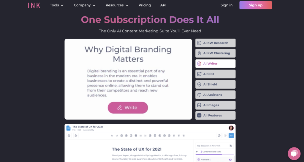 Screenshot of ink's website homepage displaying features like ai content marketing suite, ai writing, ai seo, with a "sign up" button and a headline "Biteable video maker does it all.