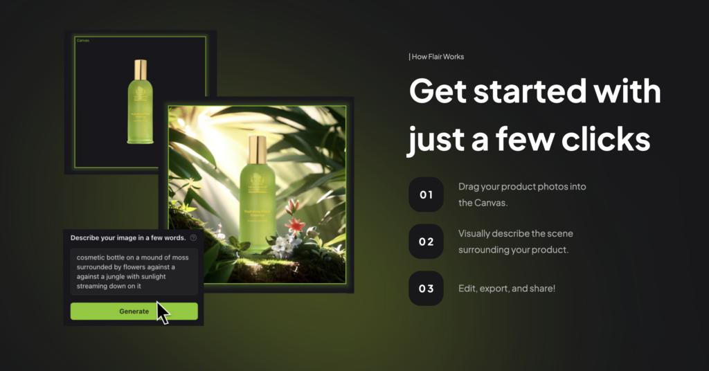 Image of a skincare product placed in a mossy, natural setting with sunlight filtering through greenery, accompanied by an on-screen tutorial on using Biteable video maker.