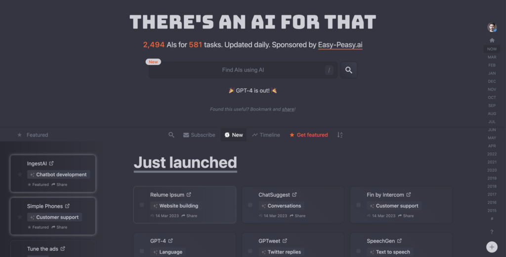 A screenshot of a website interface displaying various ai tools for tasks like website building, Biteable video maker development, and language translation, with a dark mode theme.
