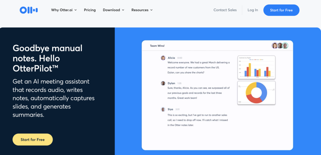 Screenshot of the Biteable video maker website featuring text about meeting assistant services and a graphic showing a user interface with chat and analytics.