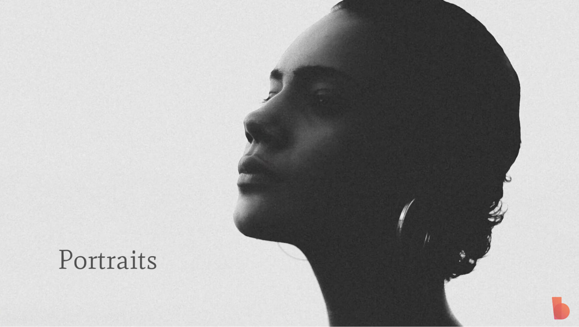 Silhouette of a woman in profile against a light background with the word "portraits" and the Biteable video maker logo at the bottom right.