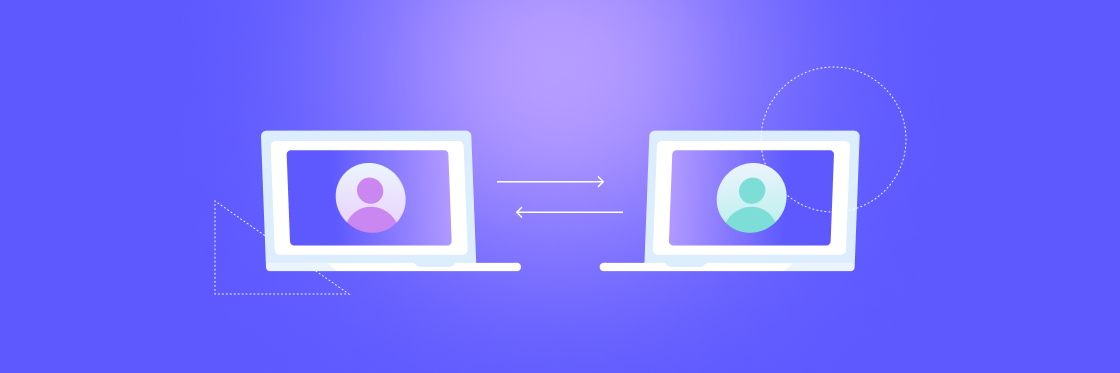 38 best online collaboration tools for 2022 Two laptops transferring a user profile icon through arrows on a Biteable video maker gradient blue-purple background.