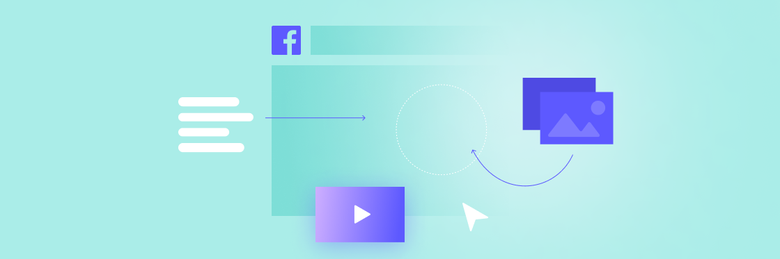 Best Facebook canvas ads Graphic showing Facebook interface elements with arrows depicting workflow, featuring icons for settings, photos, and Biteable video maker on a blue gradient background.