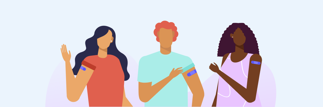Three people with vaccination bandages on their upper arms, engaging in a discussion about the Biteable video maker.