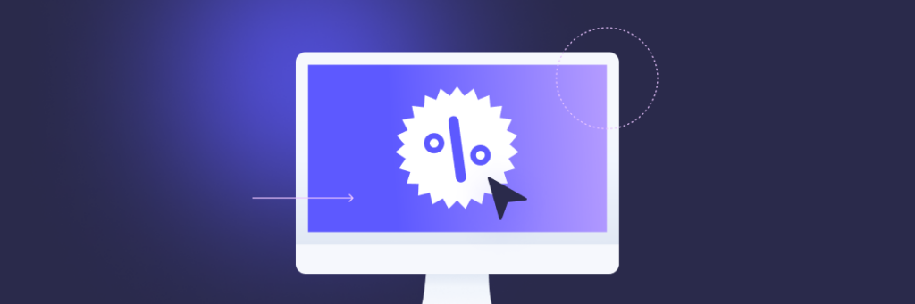 Illustration of a computer monitor displaying a discount tag with "0%" shown, a cursor clicking on it against a dark blue background created using Biteable video maker.