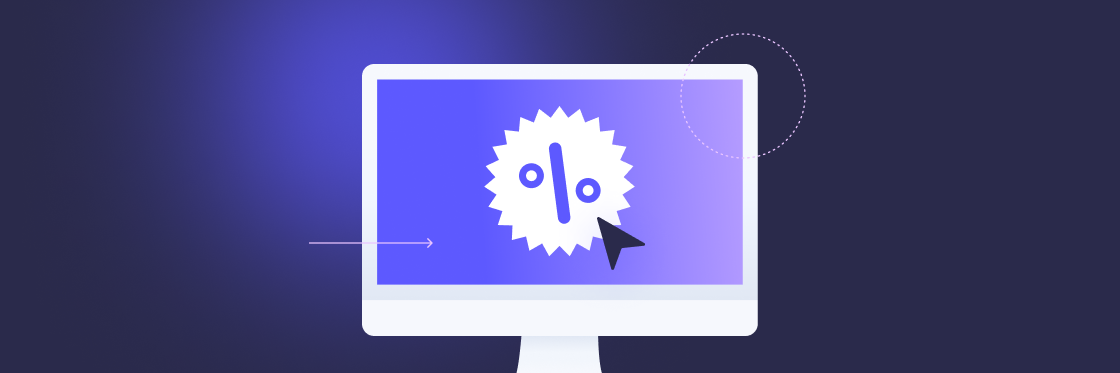 Electrifying Cyber Monday ads Illustration of a computer monitor displaying a discount tag with "0%" shown, a cursor clicking on it against a dark blue background created using Biteable video maker.